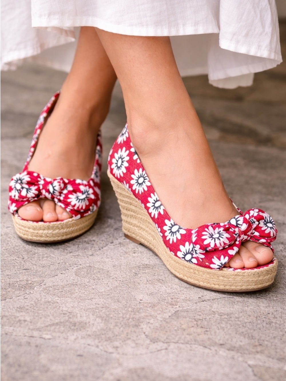 Tory Burch Dory Espadrille Wedge Red Floral Peep Toe Bow 6.5